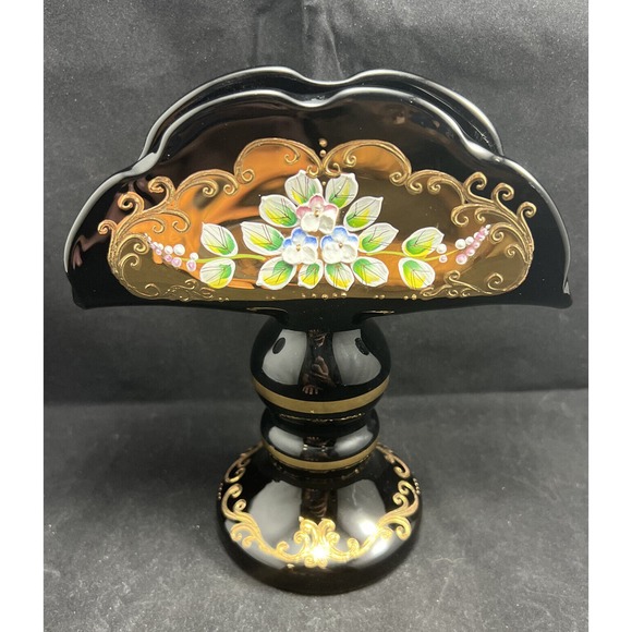 Czech Bohemian Egermann 24K Gold Enamel Black Art Glass Napkin Holder - Picture 4 of 9